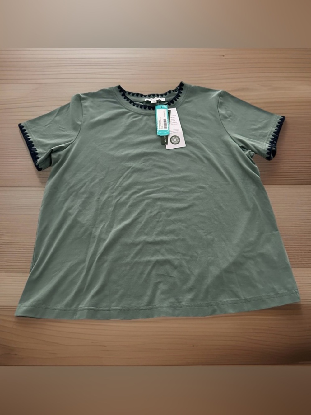 Threads 4 Thought Ginny Novelty Stitch Eco Jersey Tee Large Shirt Green Blue NWT